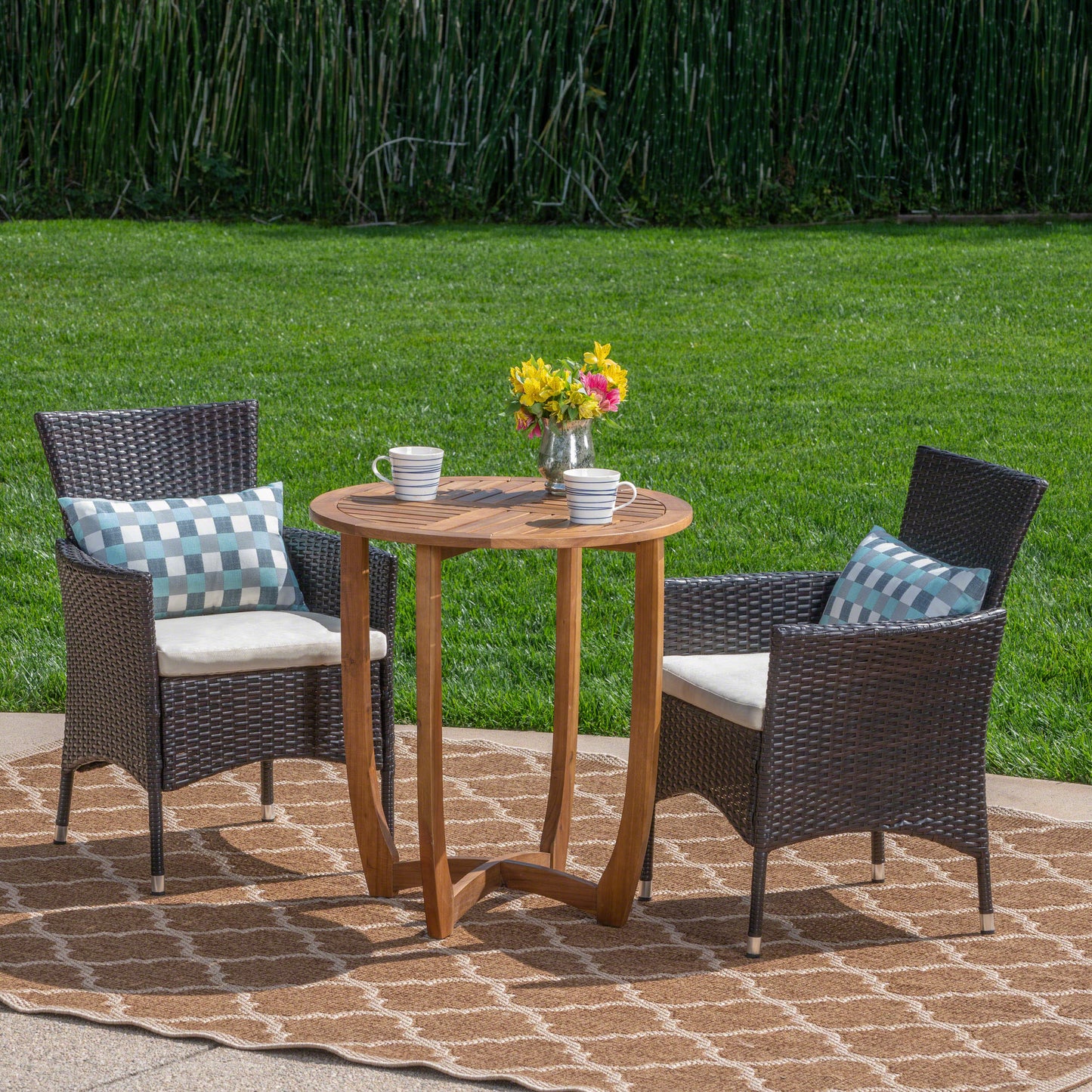 William Outdoor 3 Piece Acacia Wood/ Wicker Bistro Set with Cushions, Teak Finish and Multibrown with Beige