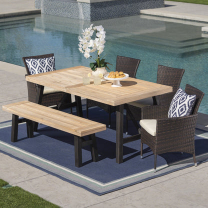 Jacks Outdoor 6 Piece Acacia Wood Dining Set with Wicker Dining Chairs