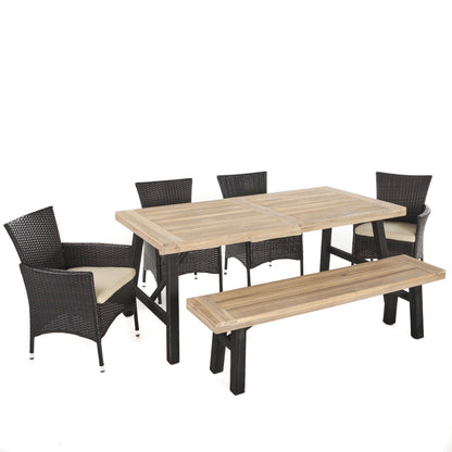 Jacks Outdoor 6 Piece Acacia Wood Dining Set with Wicker Dining Chairs