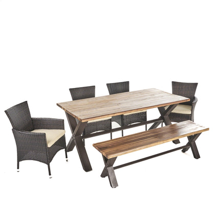Trellis Outdoor 6 Piece Acacia Wood Dining Set with Wicker Dining Chairs
