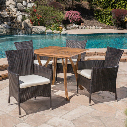 James Outdoor 5 Piece Acacia Wood/ Wicker Dining Set with Cushions, Teak Finish and Multibrown with Beige