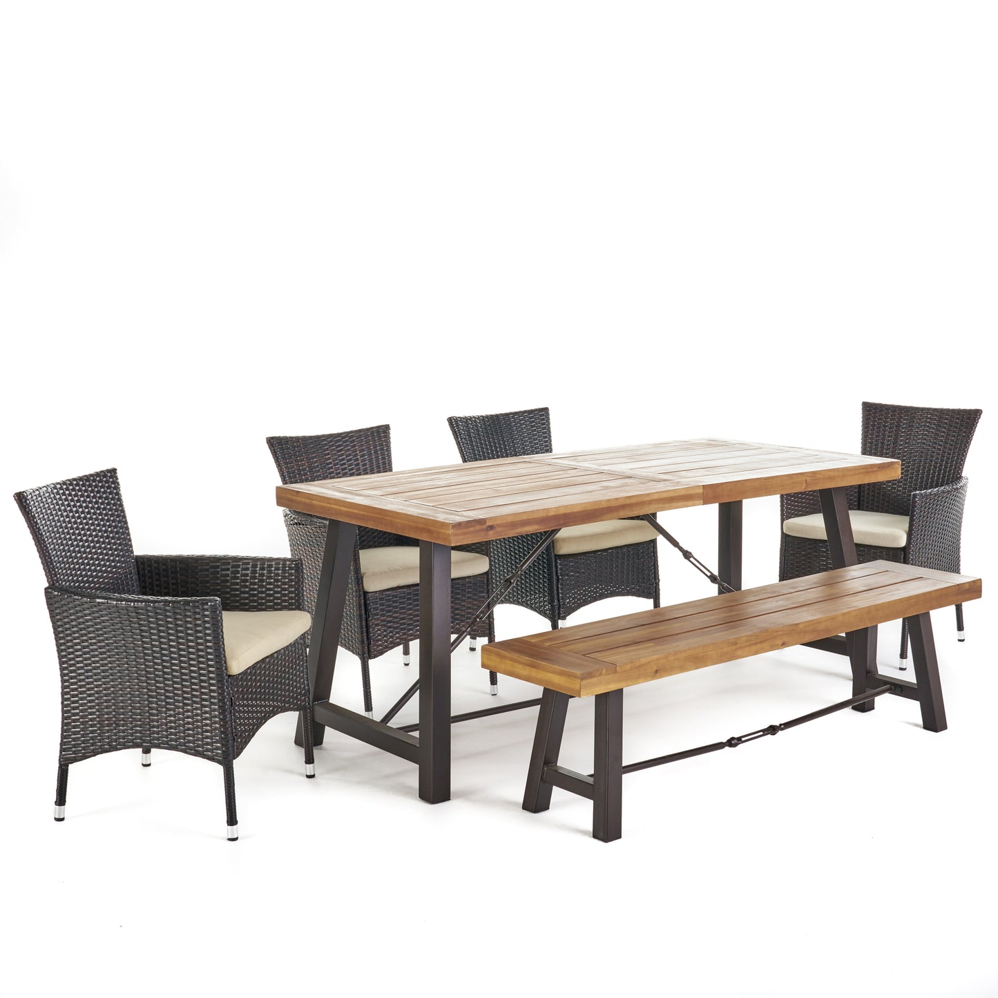 Jenine Outdoor 6 Piece Teak Finished Acacia Wood Dining Set with Multi-brown Dining Chairs