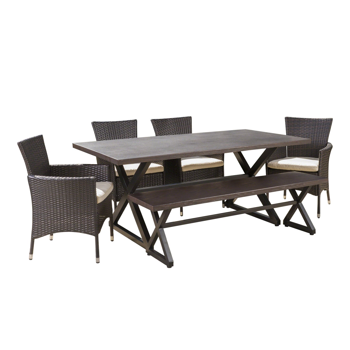Owenburg Outdoor 6 Piece Aluminum Dining Set with Bench and Wicker Dining Chairs