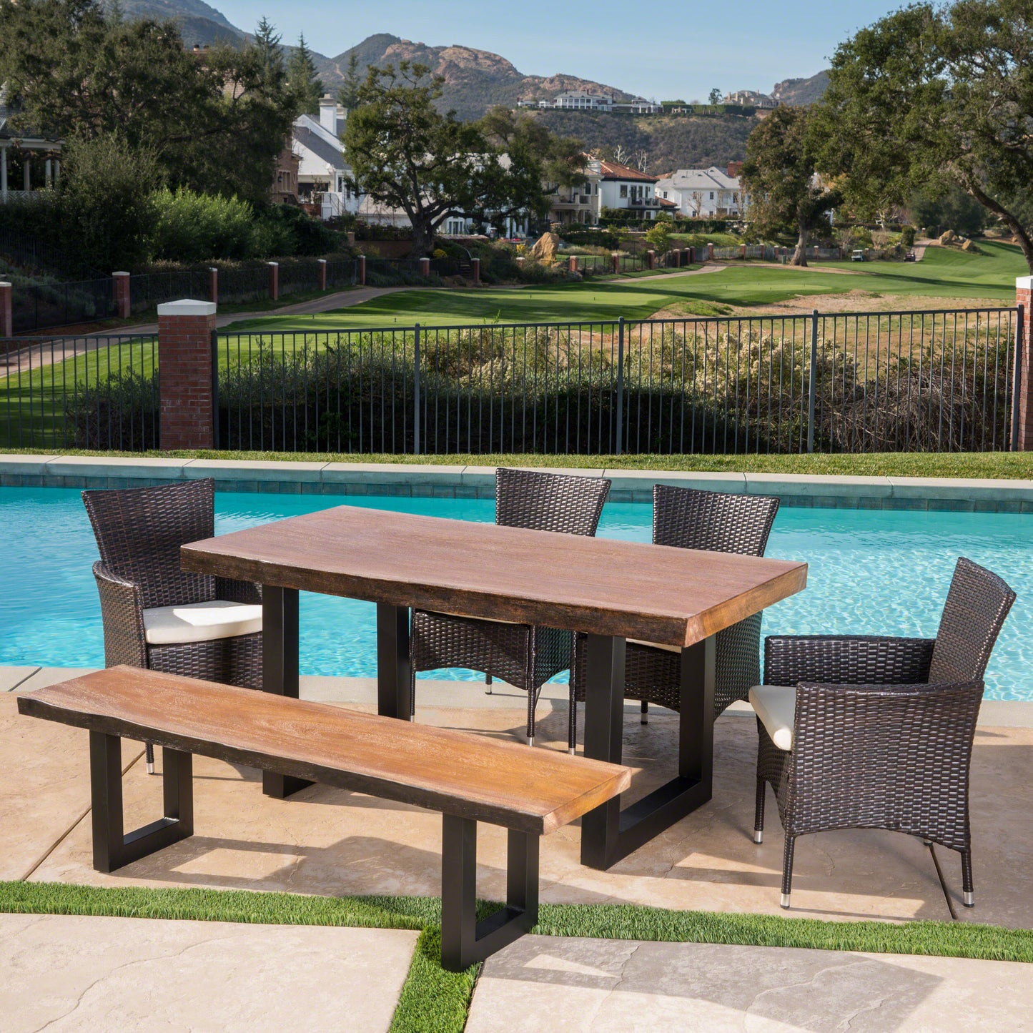 Louise Outdoor 6 Piece Multibrown Wicker and Concrete Dining Set