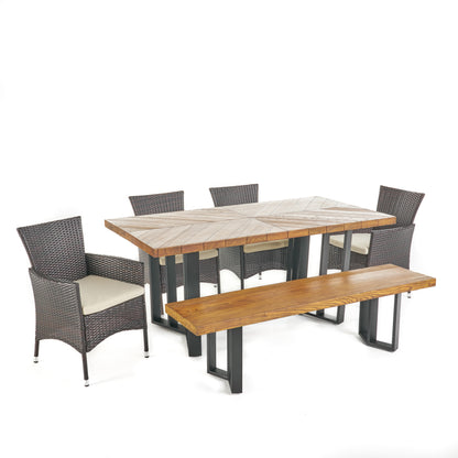 Truda Outdoor 6 Piece Wicker Dining Set with Concrete Dining Table and Bench