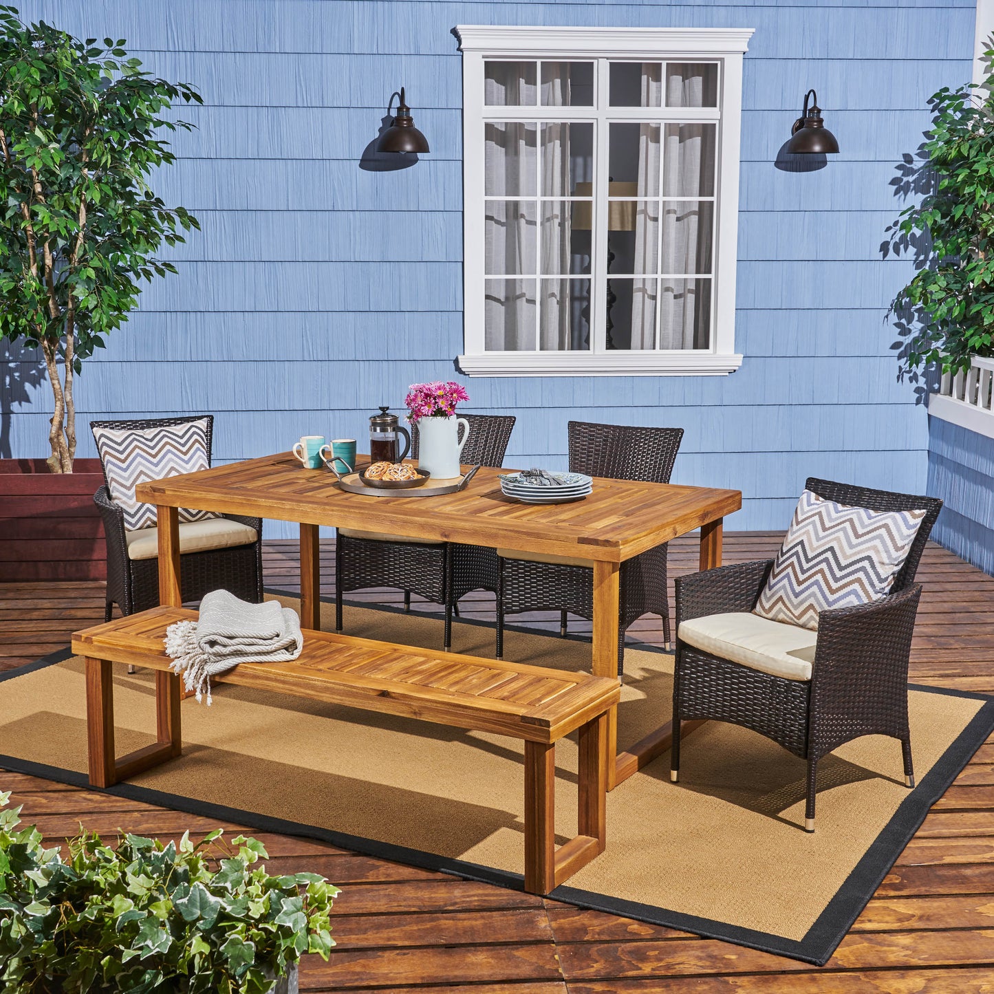 Agnes Outdoor 6-Seater Wood and Wicker Chair and Bench Dining Set