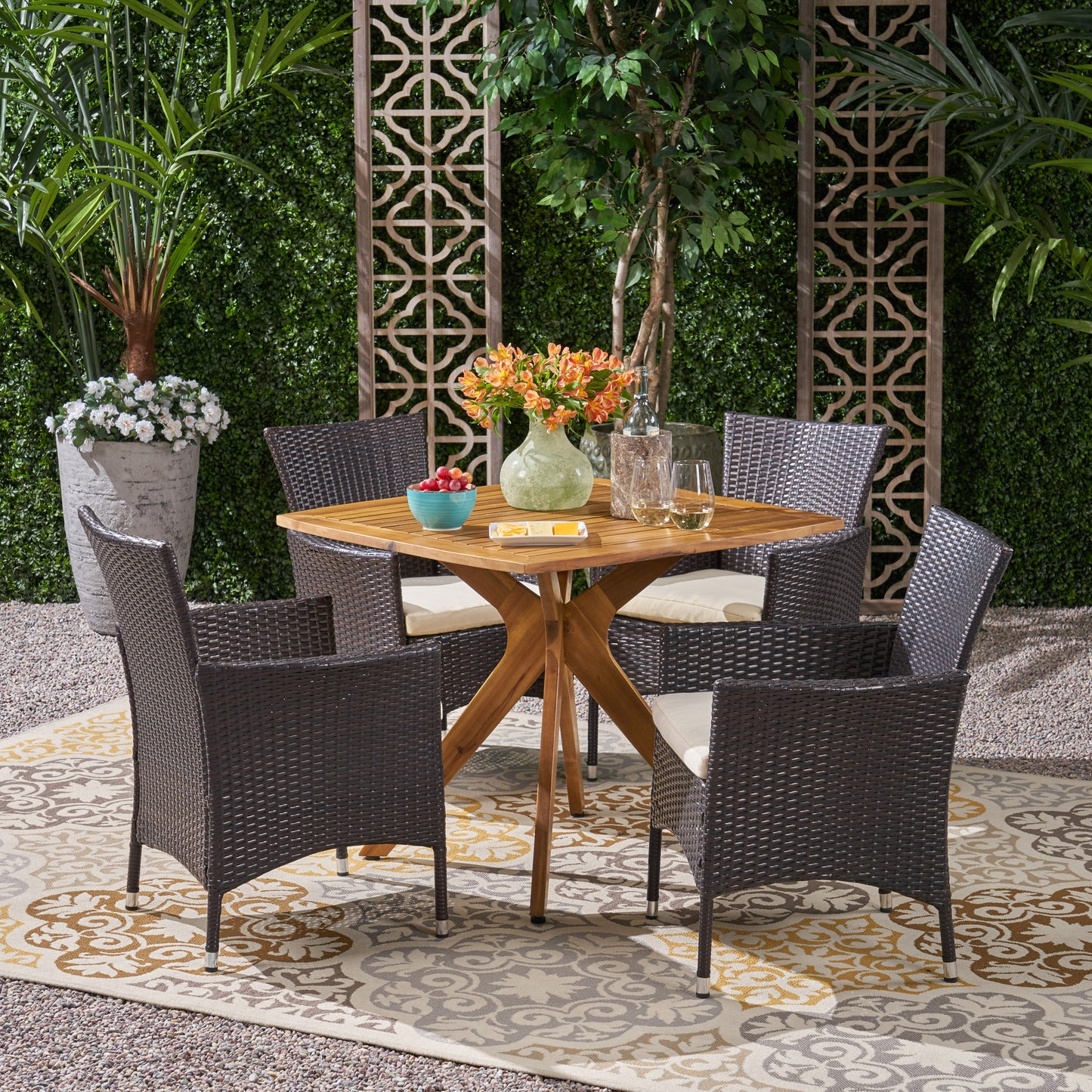 Mai Outdoor 5 Piece Wood and Wicker Dining Set