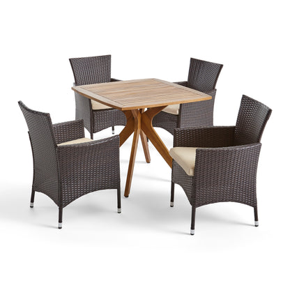 Mai Outdoor 5 Piece Wood and Wicker Dining Set