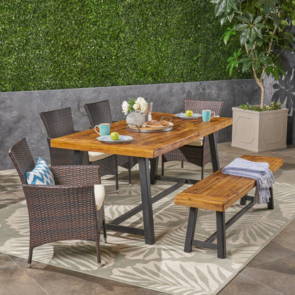 Jack Outdoor 6 Piece Dining Set with Stacking Wicker Chairs and Bench, Sandblast Teak and Black and Multi Brown