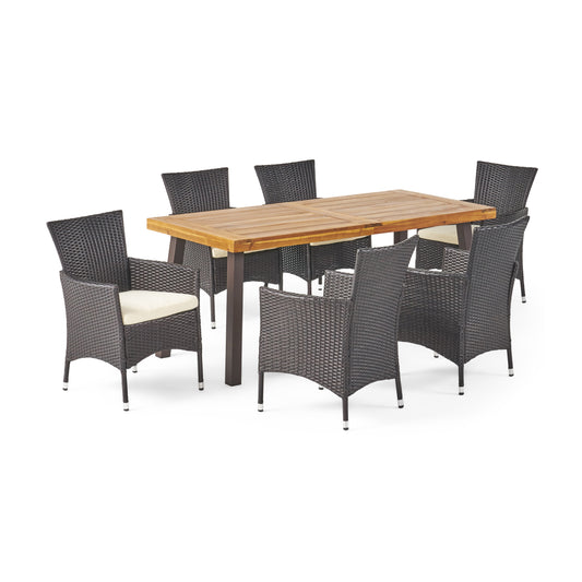 Randy Outdoor 7 Piece Acacia Wood/ Wicker Dining Set with Cushions, Teak Finish and Multibrown with Beige