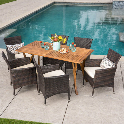 Karly Outdoor 6 Seater Wood & Wicker Dining Set with Cushions