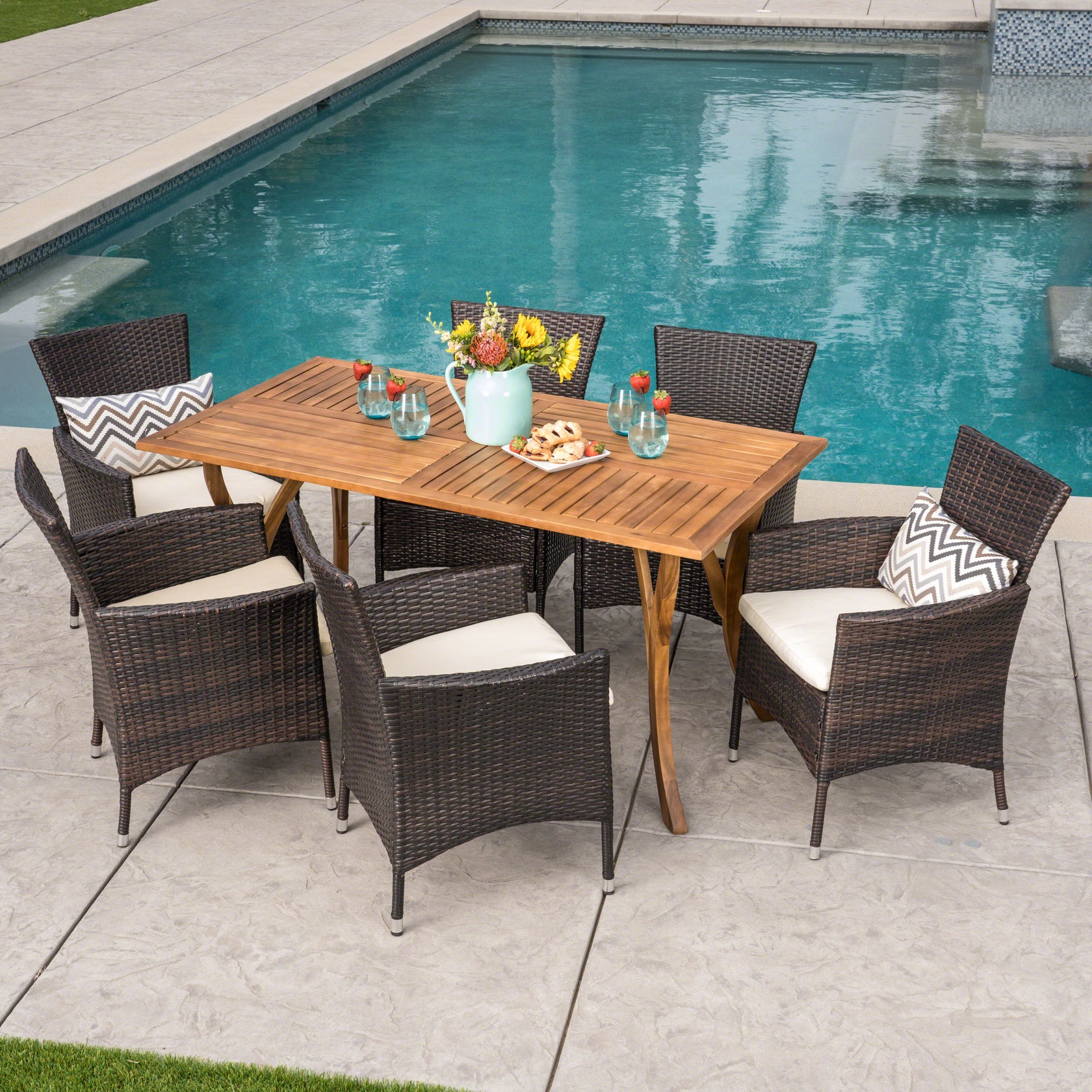 Karly Outdoor 6 Seater Wood & Wicker Dining Set with Cushions – GDFStudio
