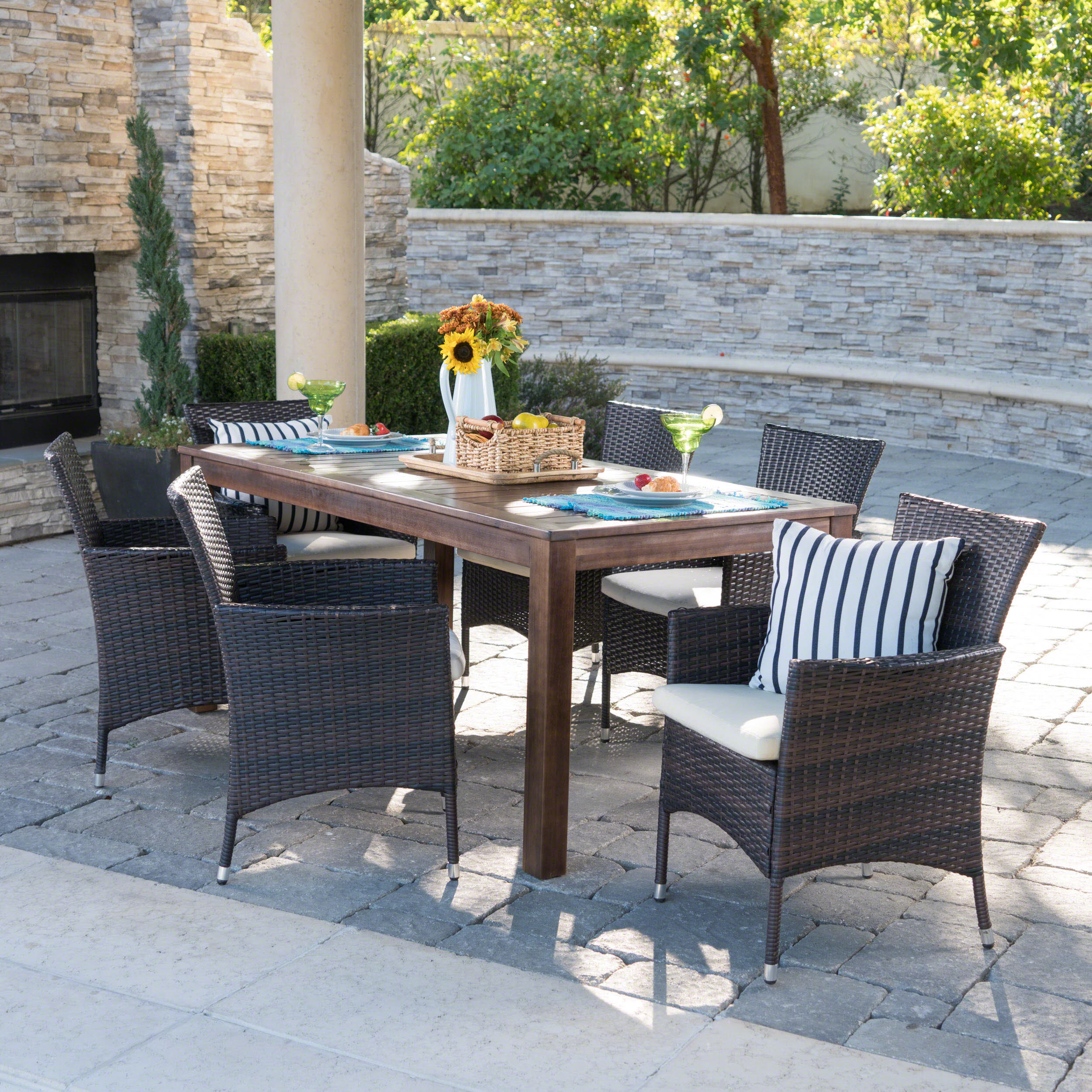 Taft 6 Persons Wood & Wicker Outdoor Dining Set – GDFStudio