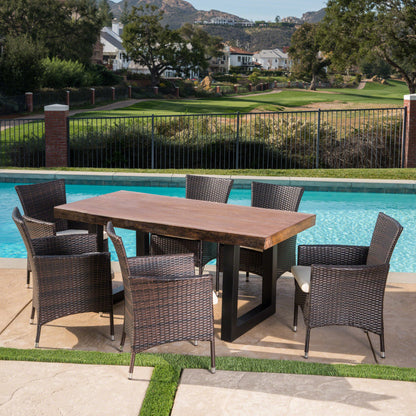 Louise Outdoor 7 Piece Multi-brown Wicker and Concrete Dining Set