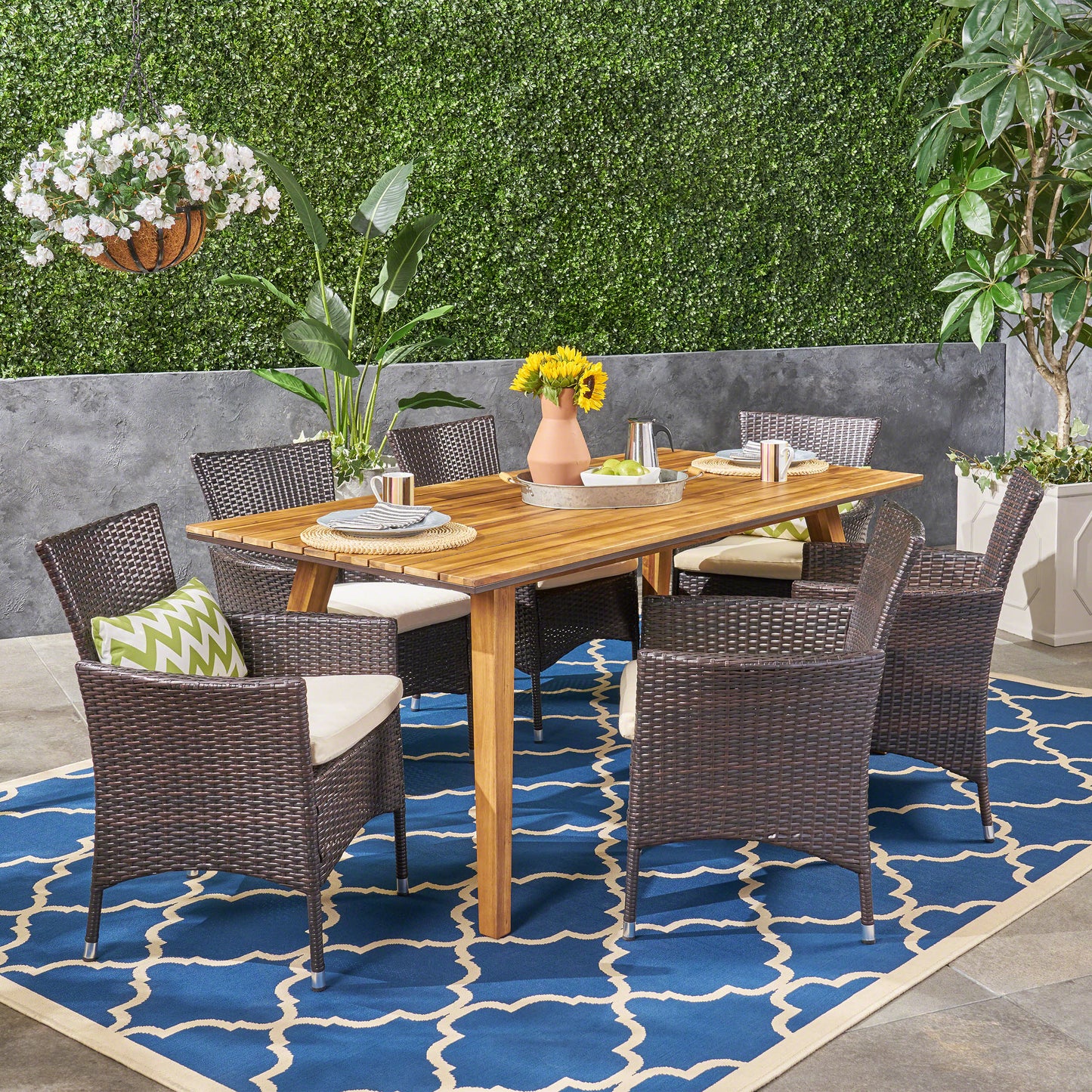Ella Outdoor 7 Piece Acacia Wood Dining Set with Wicker Chairs, Teak and Multi Brown and Beige