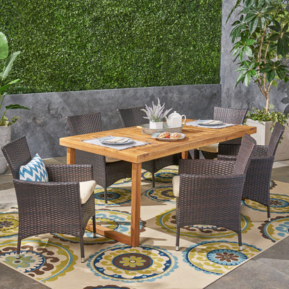 Fraser Outdoor 6-Seater Acacia Wood Dining Set with Wicker Chairs, Sandblast Natural Finish and Multi Brown and Beige