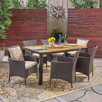 Julia Outdoor 6-Seater Rectangular Acacia Wood and Wicker Dining Set, Teak with Black and Multi Brown with Beige