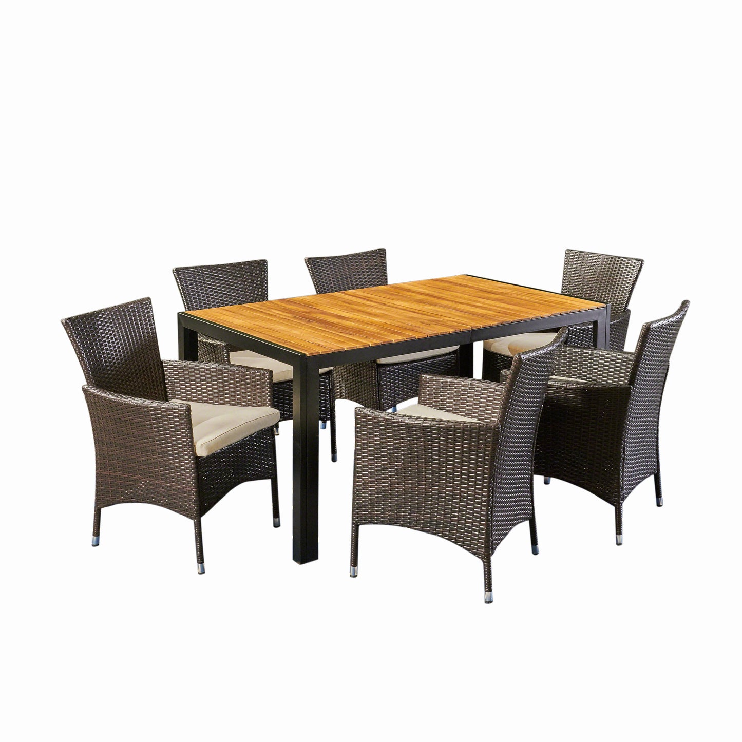 Julia Outdoor 6-Seater Rectangular Acacia Wood and Wicker Dining Set, Teak with Black and Multi Brown with Beige