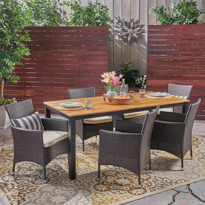 Teresa Outdoor 7 Piece Acacia Wood Dining Set with Wicker Chairs