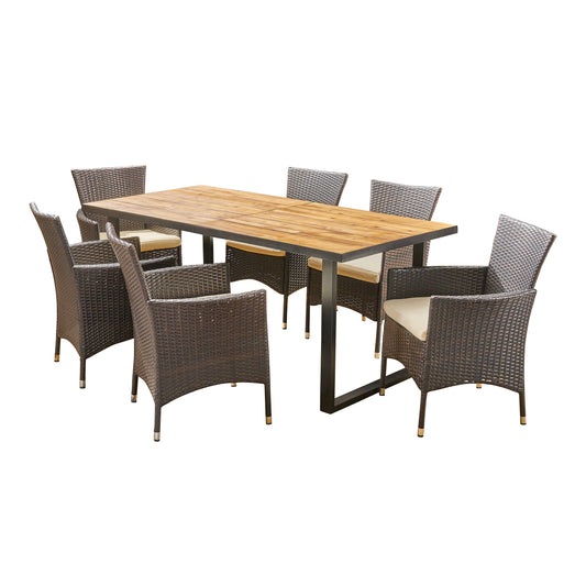 Acosta Outdoor 6-Seater Rectangular Acacia Wood and Wicker Dining Set, Teak with Black and Multi Brown with Beige
