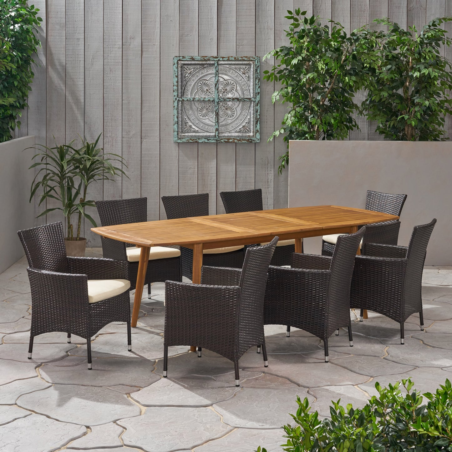 Stefan Outdoor Wood and Wicker Expandable 8 Seater Dining Set