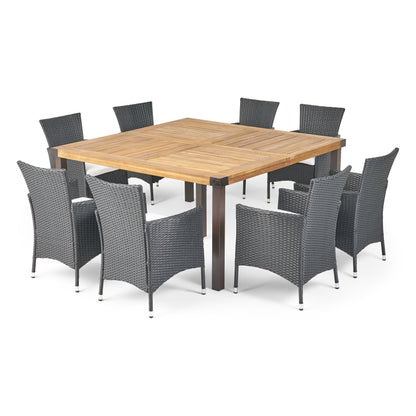 Pharrah Outdoor 8 Seater Acacia Wood and Wicker Dining Set with Cushions