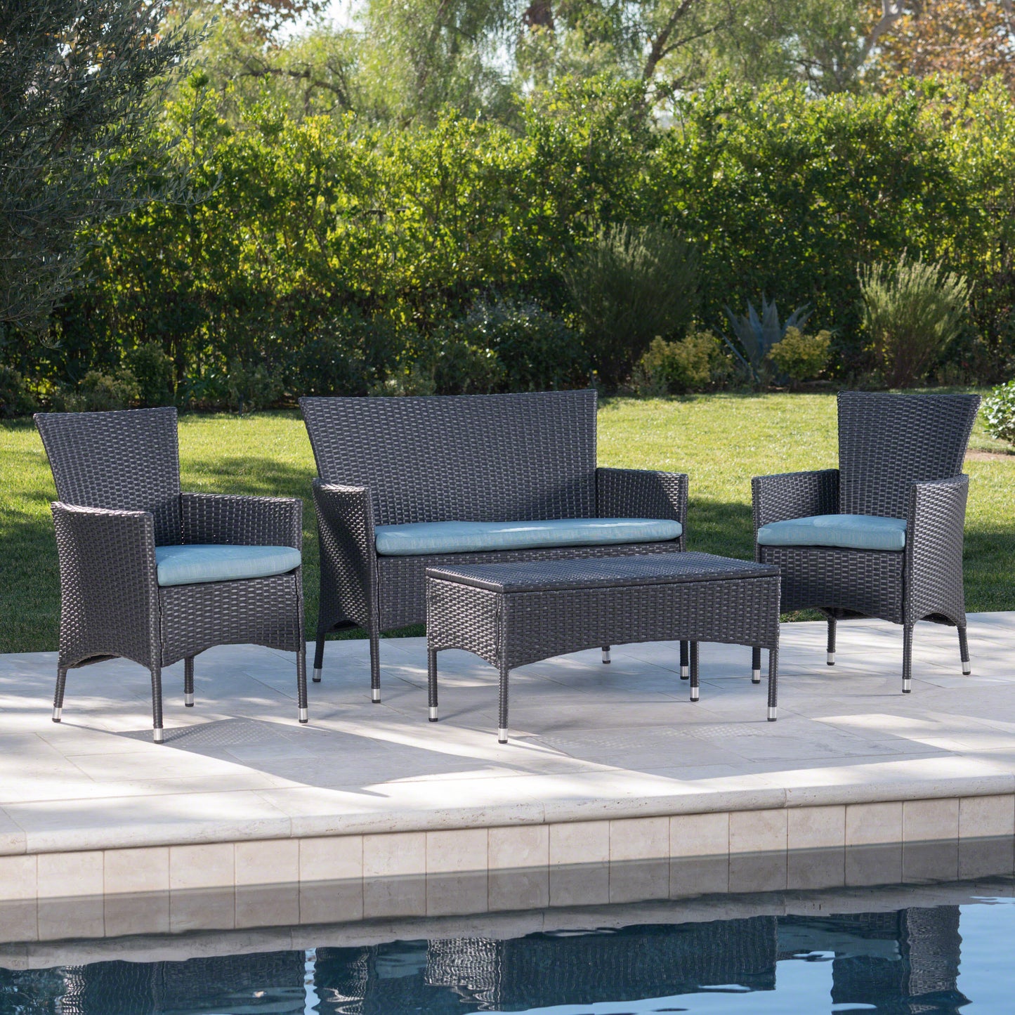 Mina Outdoor 4 Piece Wicker Chat Set with Water Resistant Cushions
