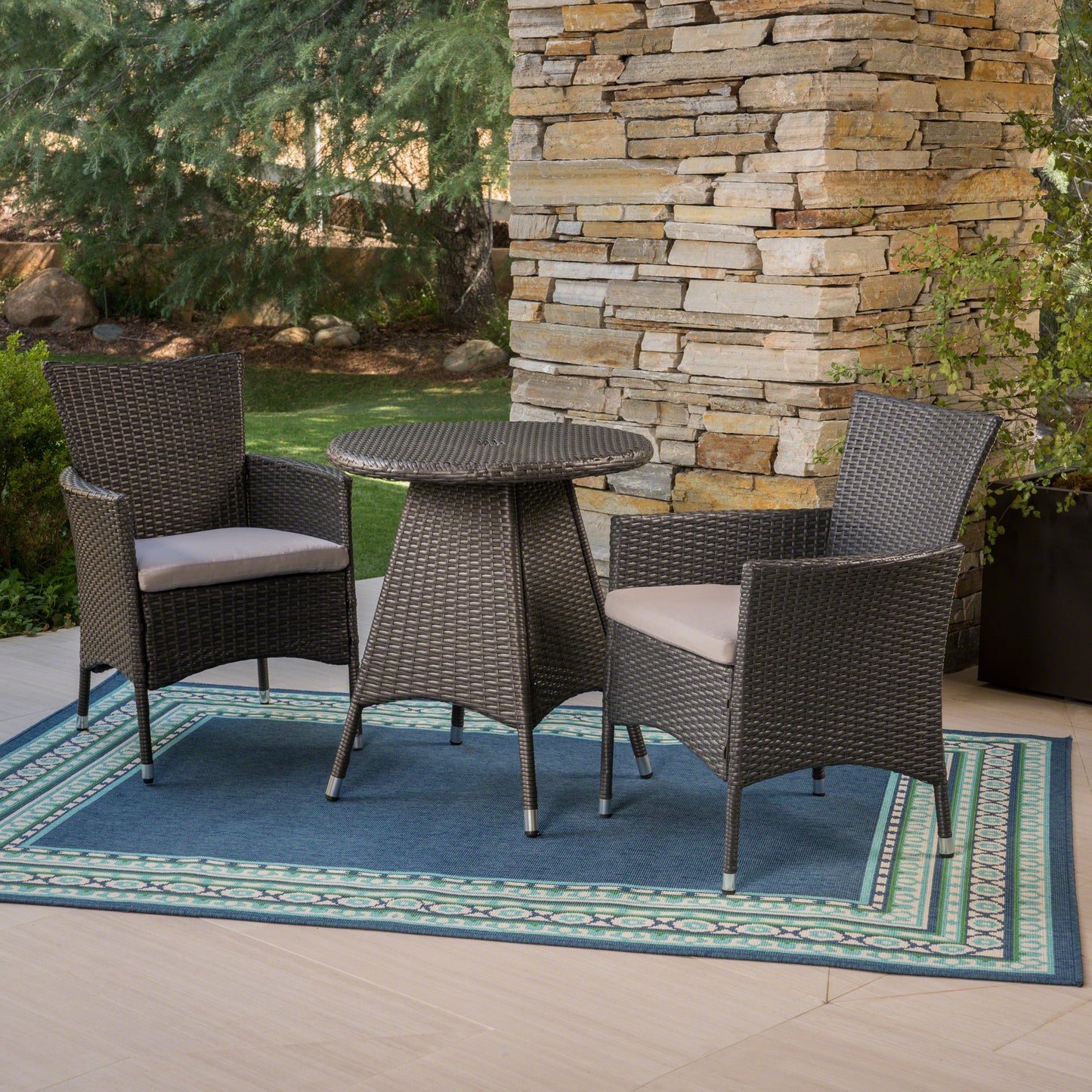 Frank Outdoor 3 Piece Wicker Bistro Set, Grey with Silver Cushions