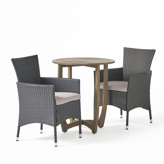 Lori Outdoor 3 Piece Wood and Wicker Bistro Set, Gray and Gray