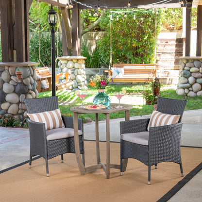 Lori Outdoor 3 Piece Wood and Wicker Bistro Set, Gray and Gray