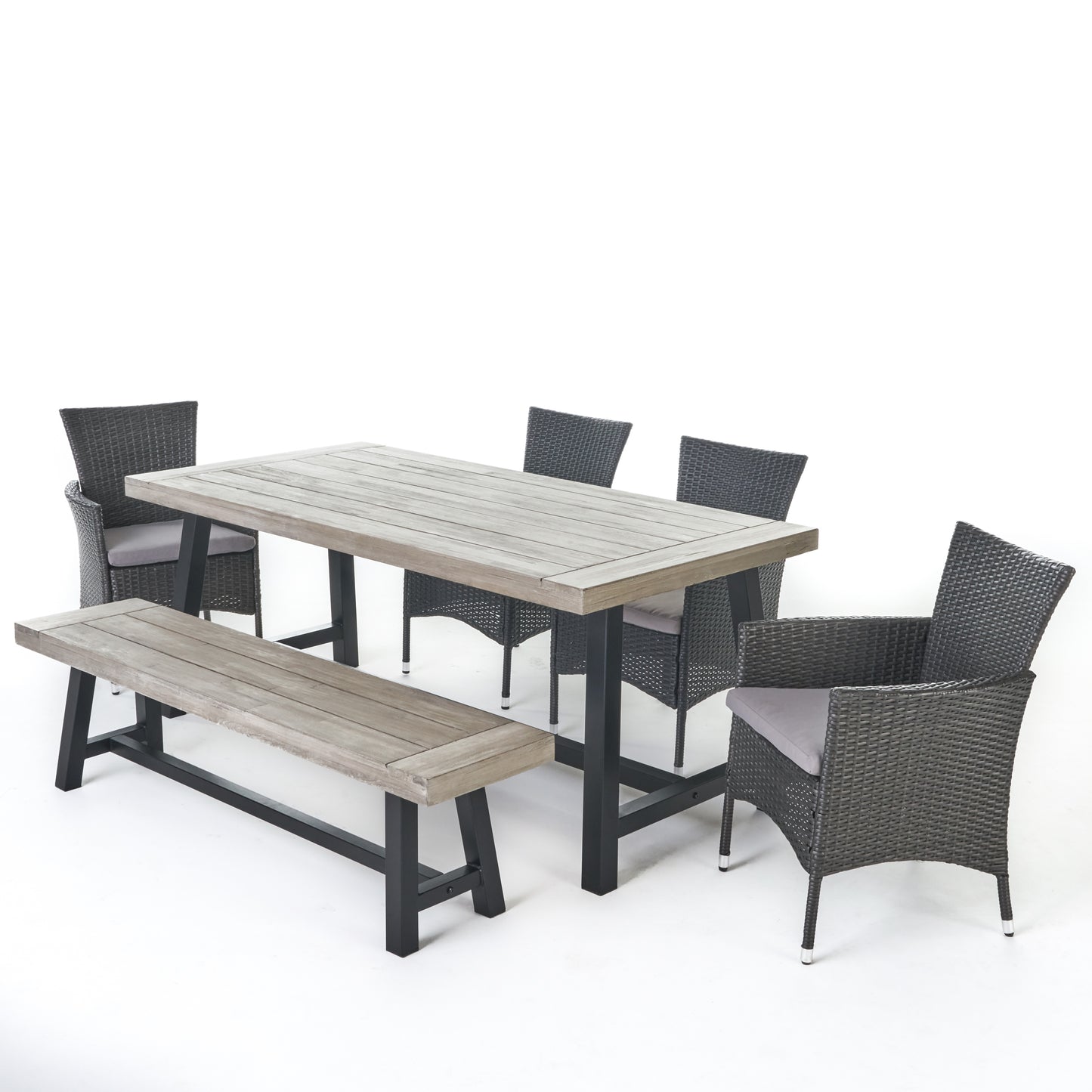 Linda Outdoor 6 Piece Wicker Dining Set with Acacia Wood Table and Bench