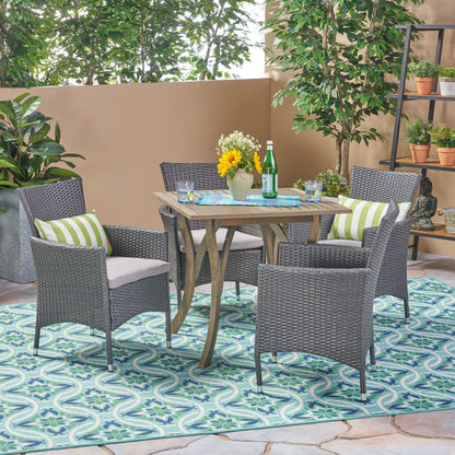 James Outdoor 5 Piece Wood and Wicker Square Dining Set, Gray and Gray
