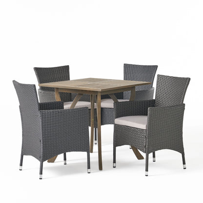 James Outdoor 5 Piece Wood and Wicker Square Dining Set, Gray and Gray