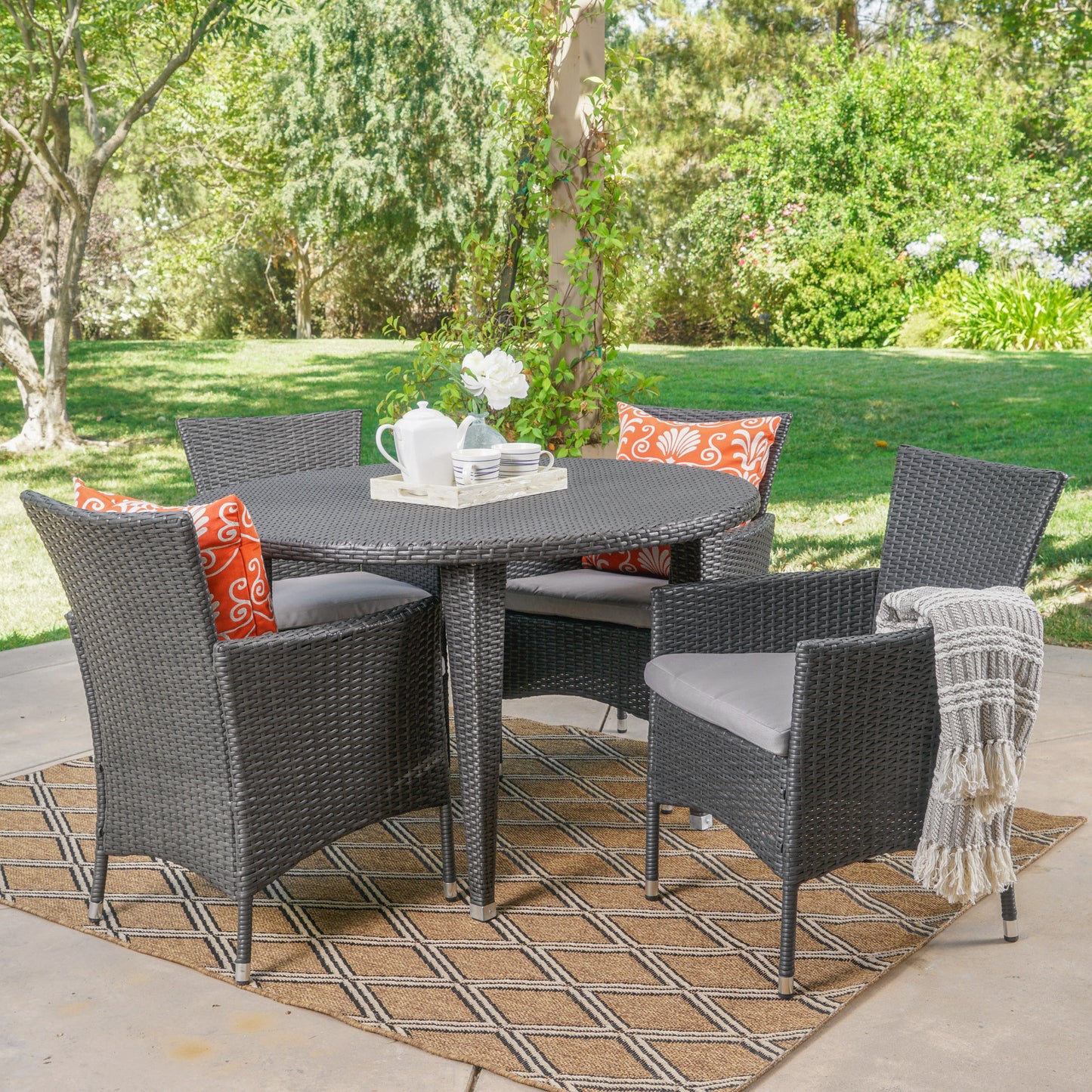 Portia Outdoor 5 Pc Wicker Round Dining Set w/ Water Resistant Cushions