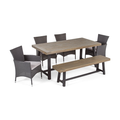 Bunta Outdoor 6 Piece Dining Set with Wicker Chairs and Bench