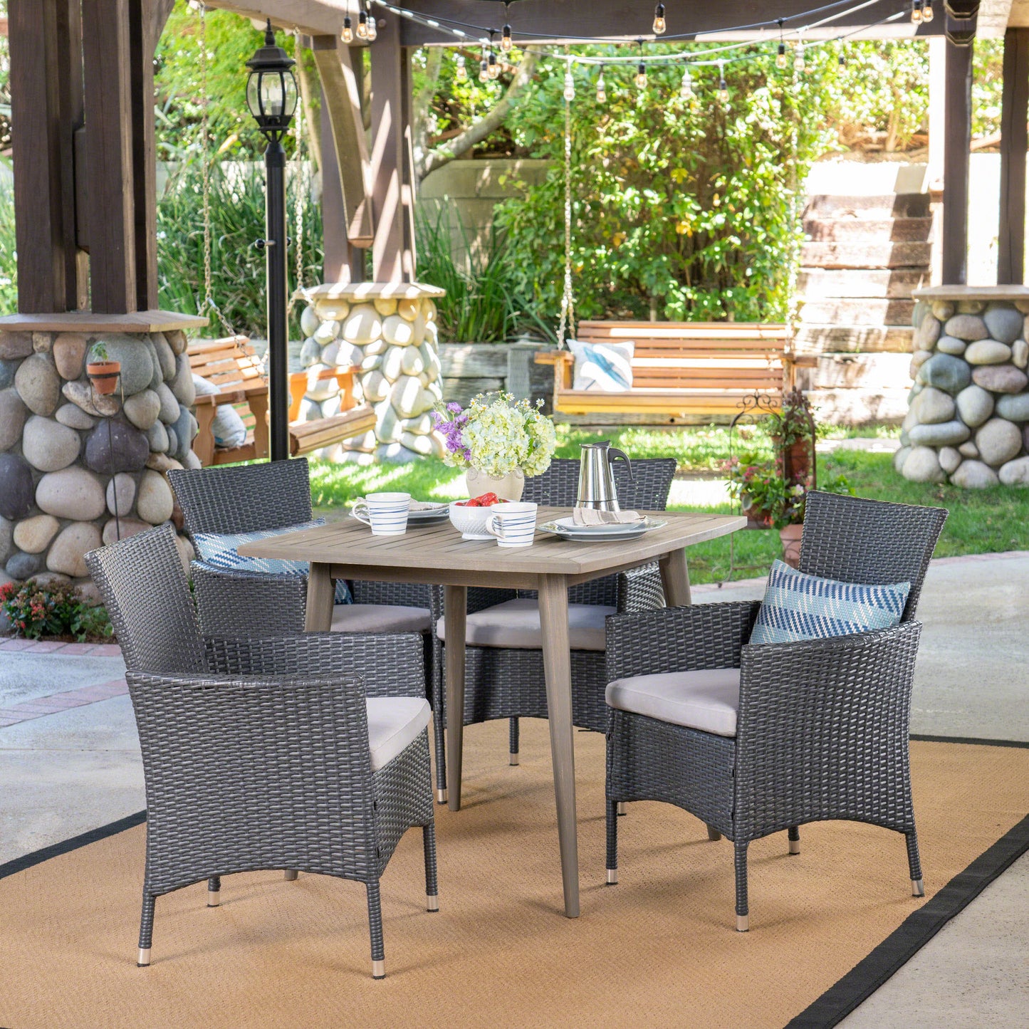 Jo Outdoor 5 Piece Wood and Wicker Dining Set, Gray and Gray