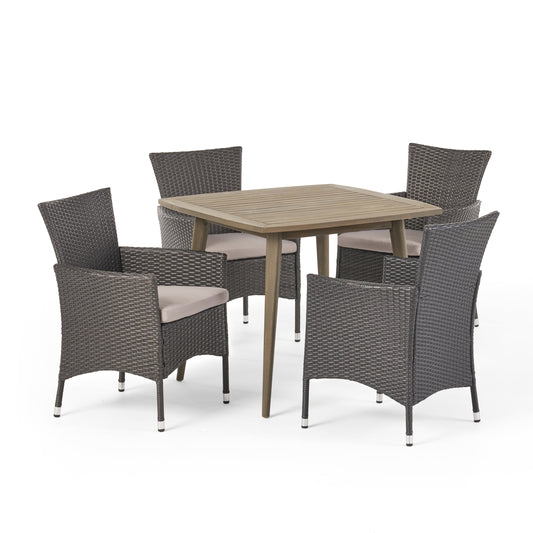 Jo Outdoor 5 Piece Wood and Wicker Dining Set, Gray and Gray
