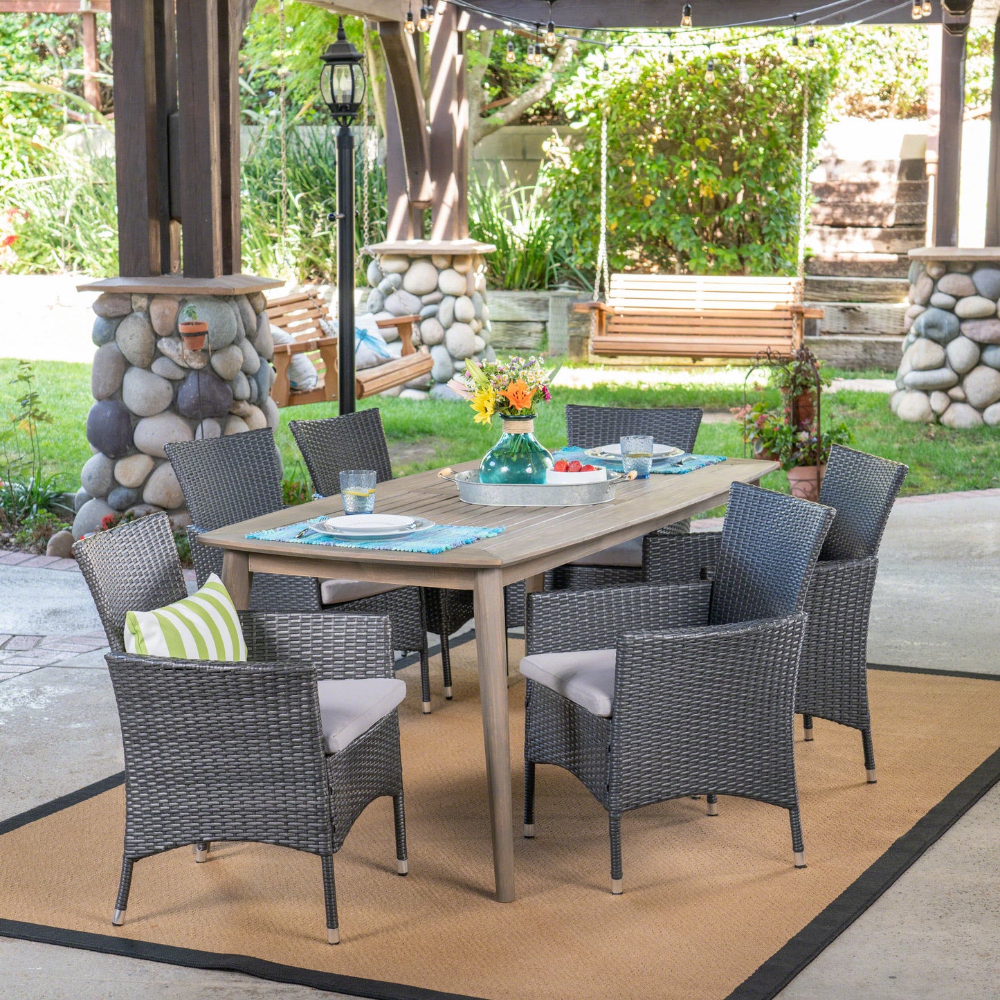 Jerzie Outdoor 7 Piece Wood and Wicker Dining Set, Gray and Gray