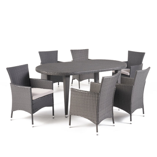 Vineland Outdoor 7 Piece Gray Wicker Oval Dining Set with Silver Water Resistant Cushions