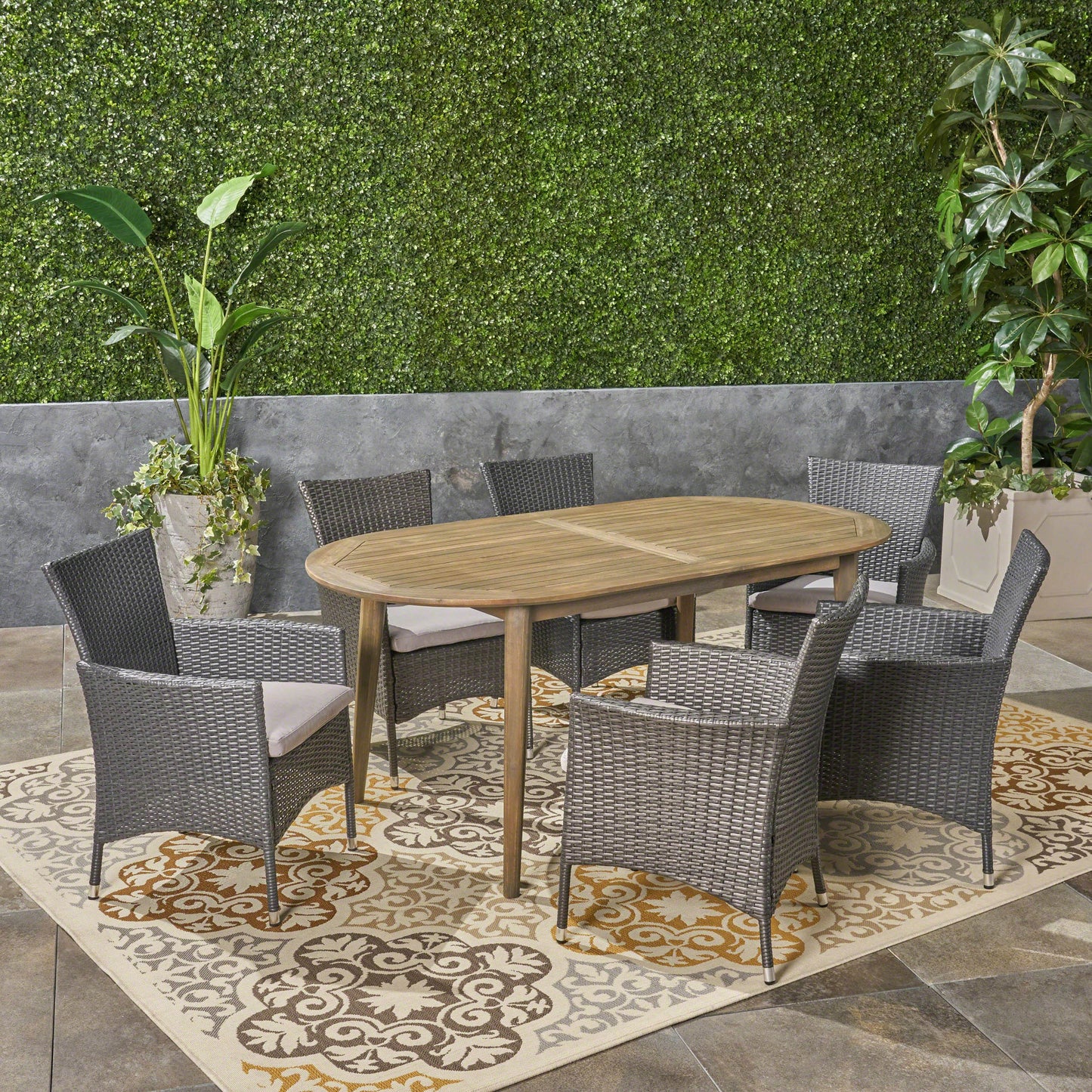 Stanford Outdoor 7-Piece Acacia Wood Dining Set with Wicker Chairs and Cushions