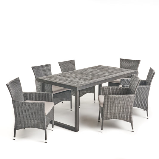 Agnes Outdoor 6-Seater Gray Wood & Wicker Dining Set
