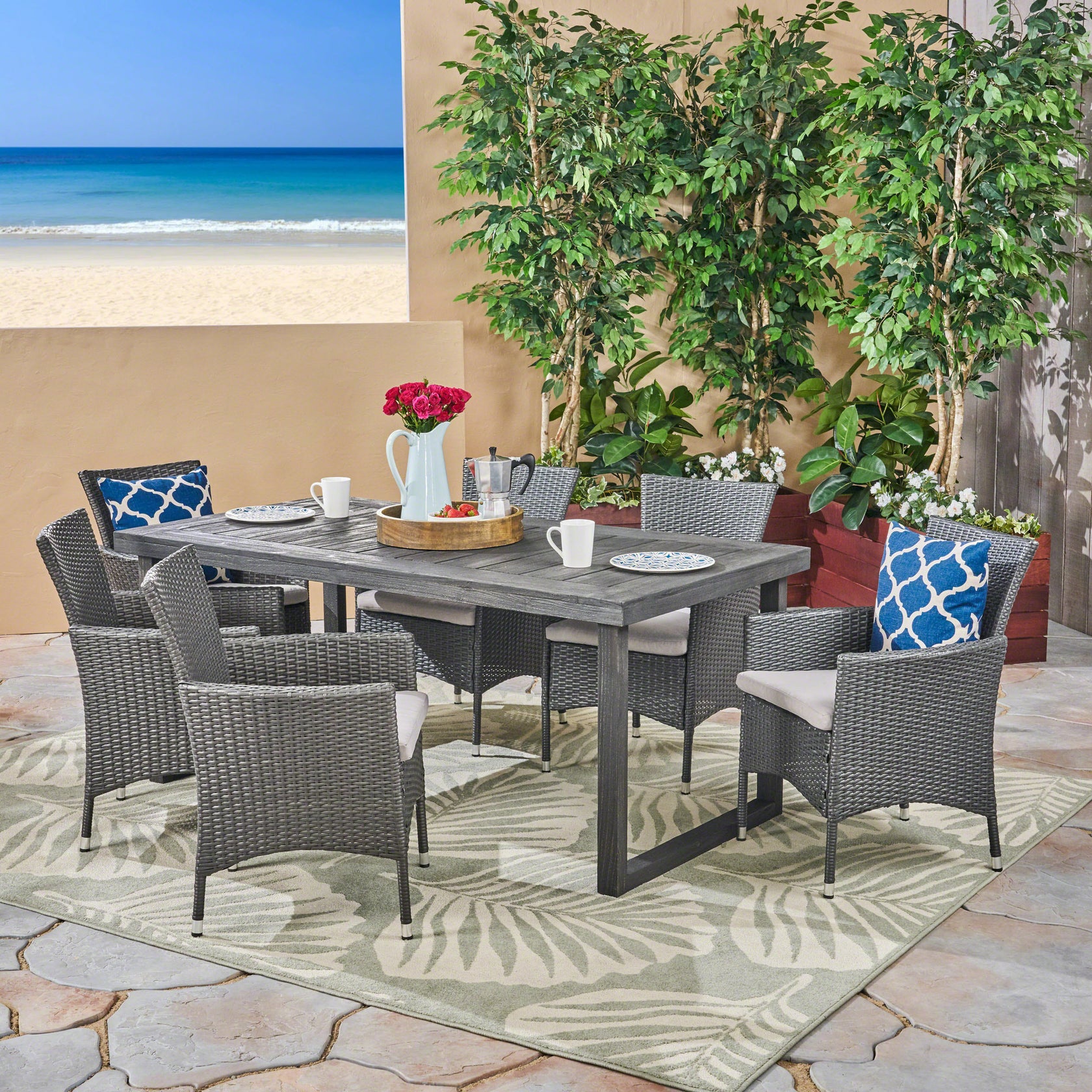 Agnes Outdoor 6-Seater Gray Wood & Wicker Dining Set – GDFStudio