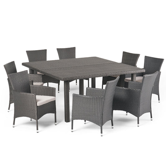 Noah Outdoor 9 Piece Grey Wicker Square Dining Set with Silver Water Resistant Cushions