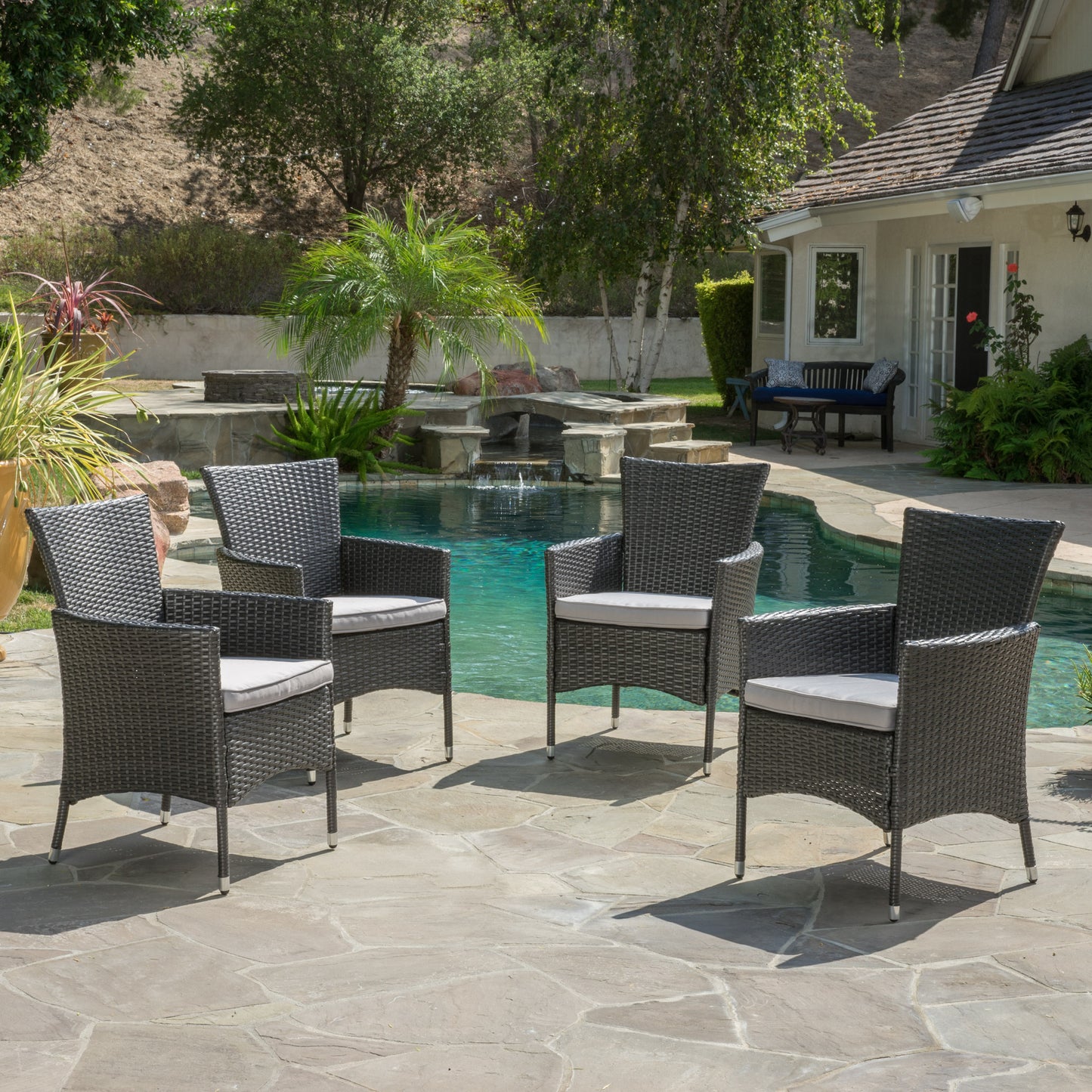 Brascha Contemporary Outdoor PE Wicker Dining Chairs w/ Cushions