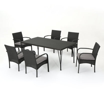 Kari Outdoor 7 Piece Wicker Rectangular Dining Set with Water Resistant Cushions