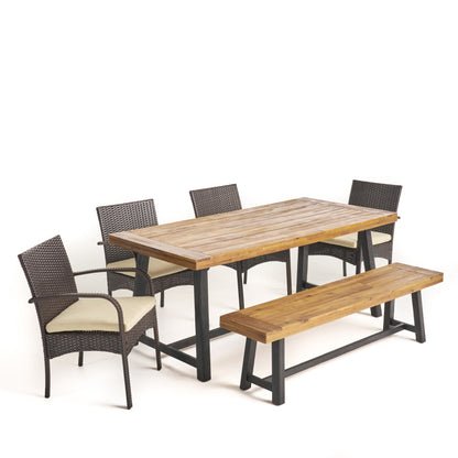 Ross Outdoor 6 Piece Dining Set with Stacking Wicker Chairs and Bench, Sandblast Teak and Black and Multi Brown