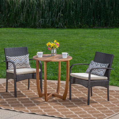 Jerica Outdoor 3 Piece Acacia Wood/ Wicker Bistro Set with Cushions, Teak Finish and Multibrown with Crème