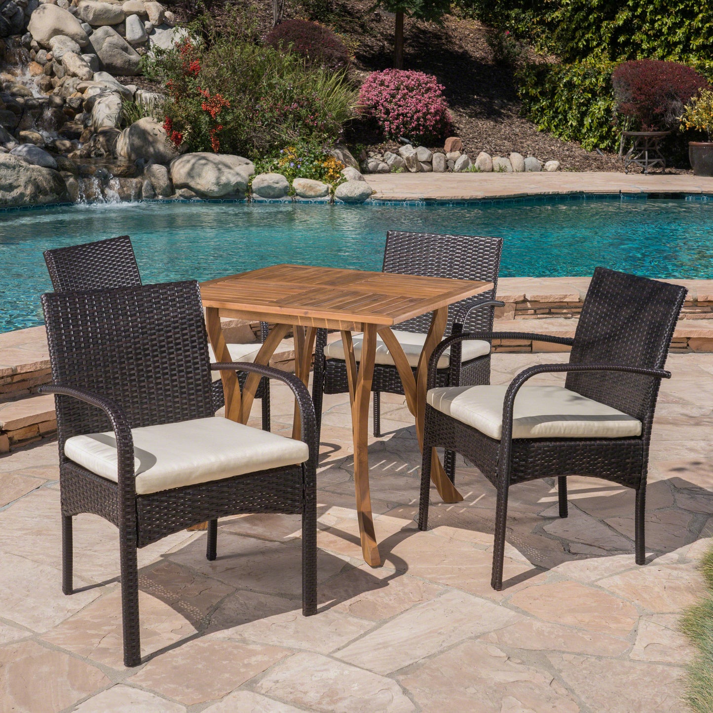 Derek Outdoor 5 Piece Acacia Wood/ Wicker Dining Set with Cushions, Teak Finish and Multibrown with Crème