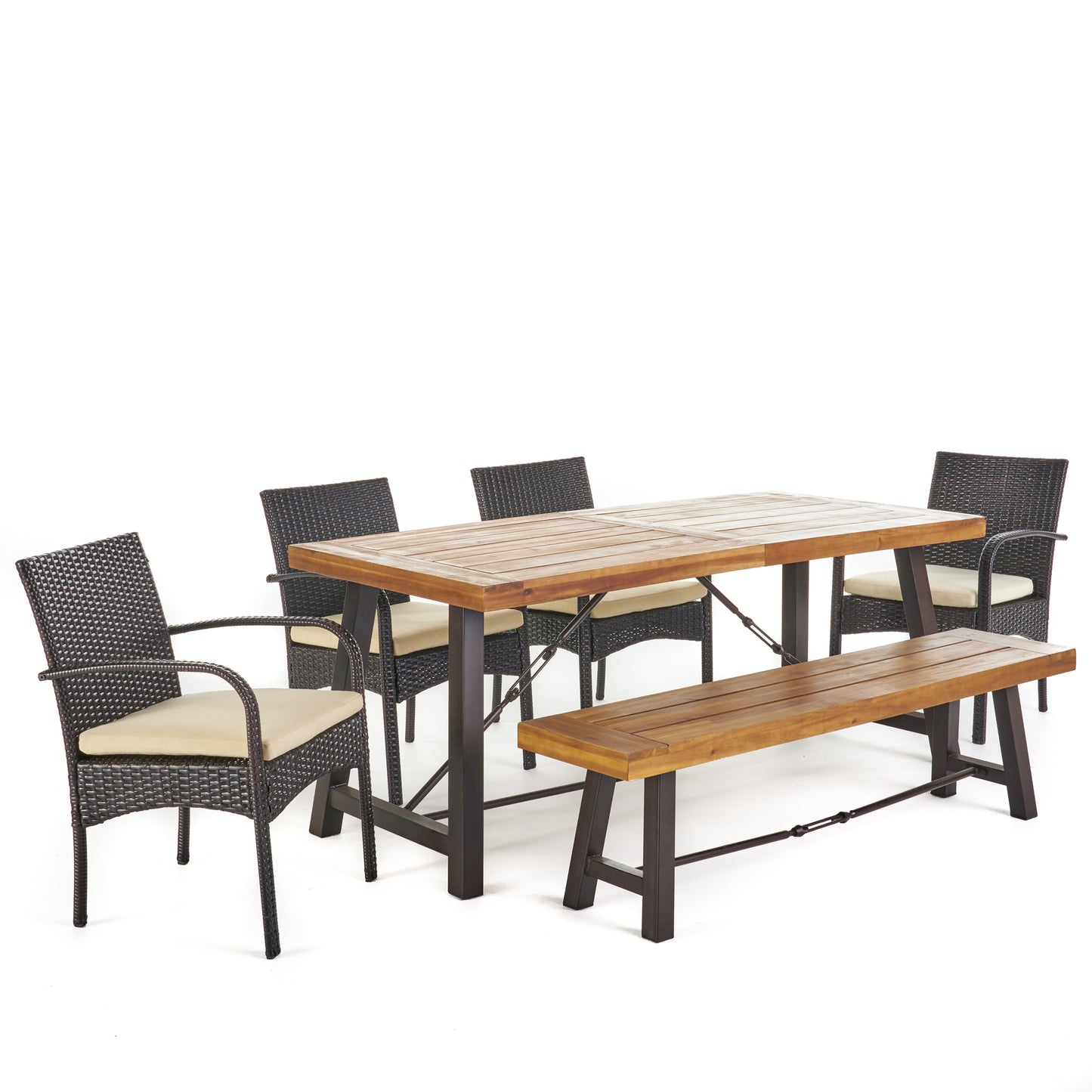 Belen Outdoor 6 Piece Teak Finished Acacia Wood Dining Set with Dining Chairs