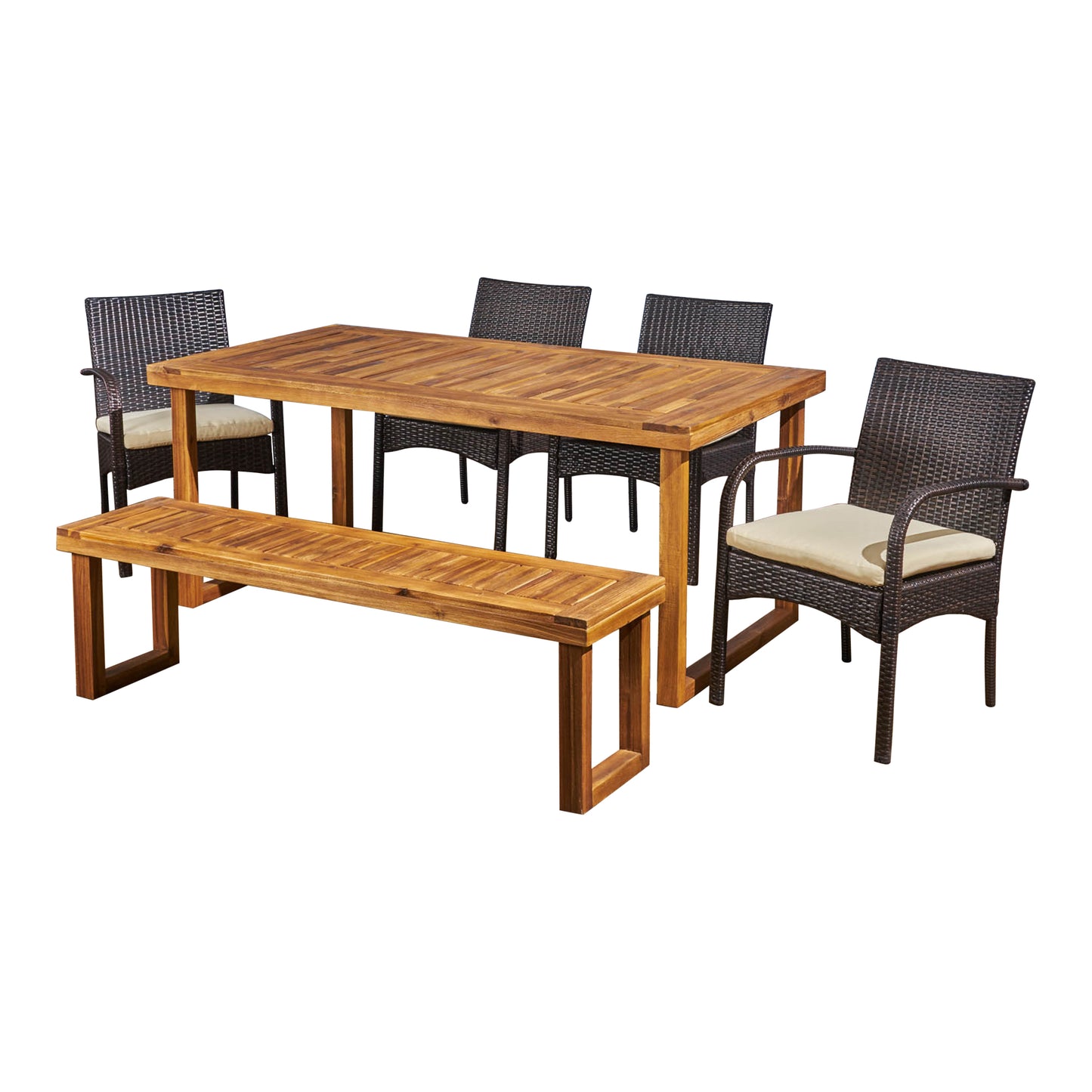 Stonecrest Outdoor 6-Seater Wood and Wicker Chair and Bench Dining Set